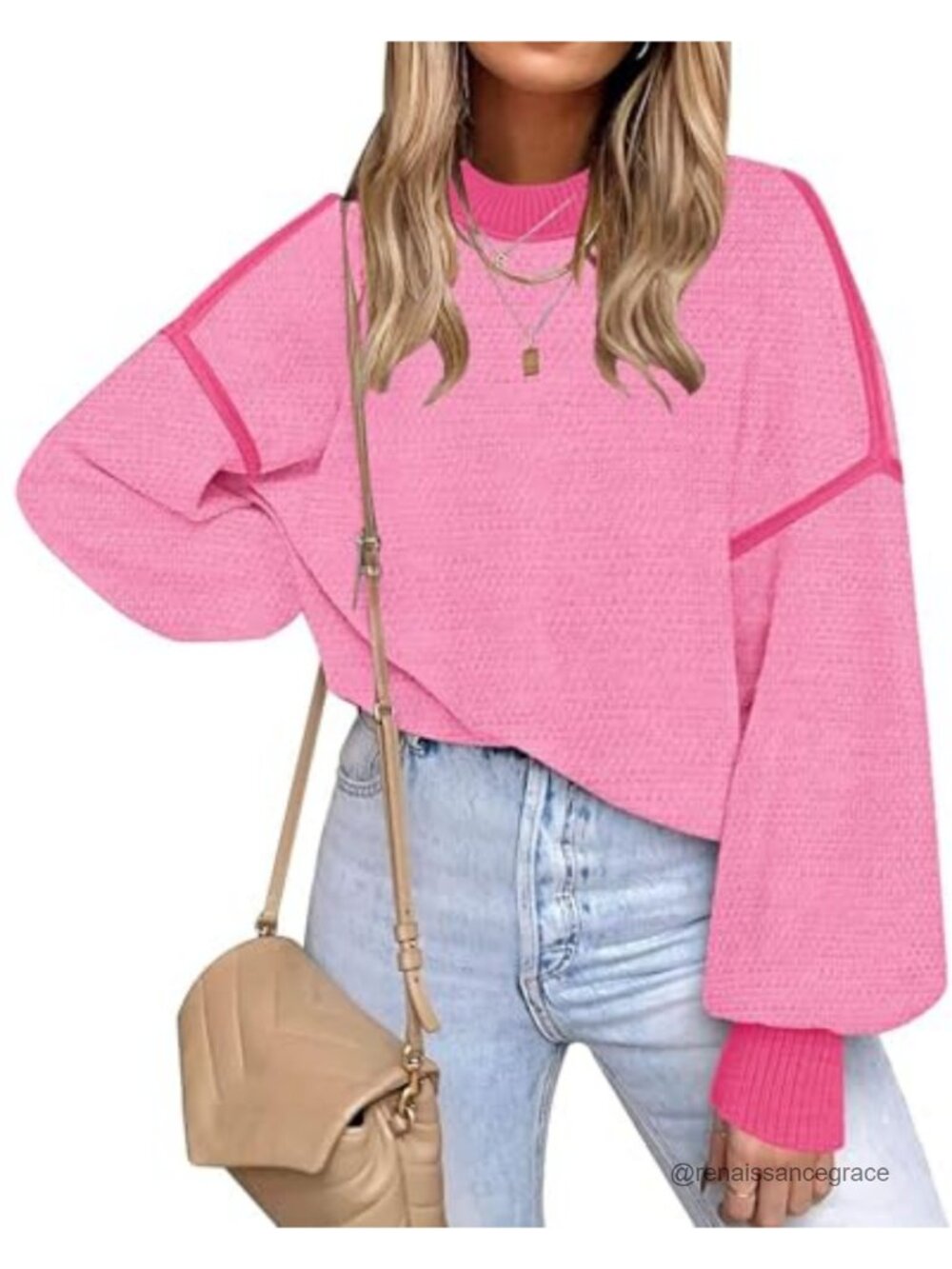 Women's Oversized Knitted Sweater Batwing Sleeve Crew Neck Tunic